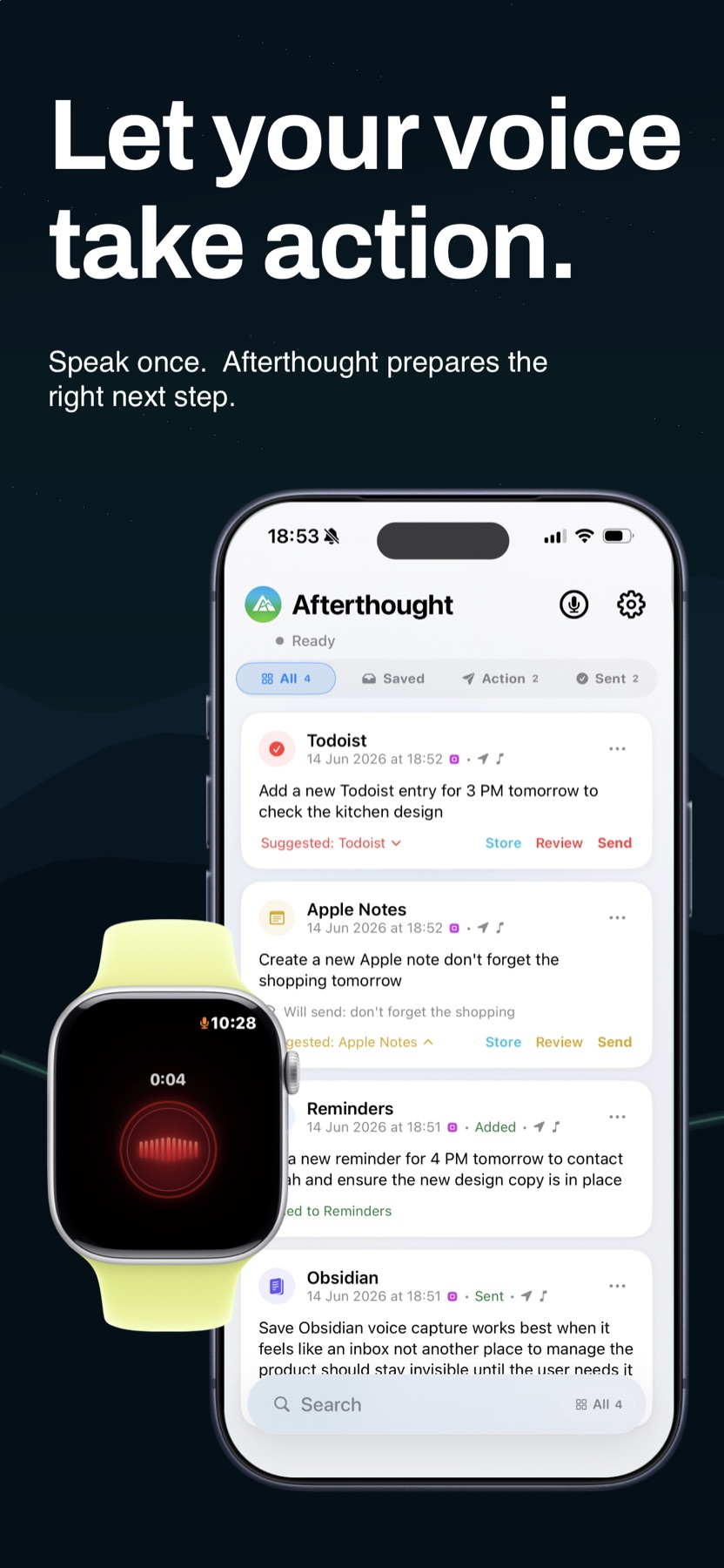 Afterthought voice actions on iPhone and Apple Watch